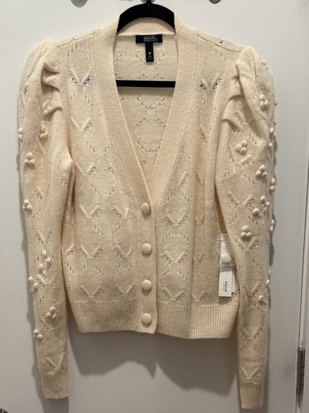 Aqua Cream Textured Bobble-Sleeve Button Cardigan